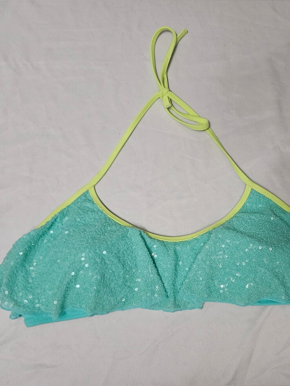Victorias Secret Aqua Reef Sequin Ruffle Flounce Halter Bikini Top Size Large!